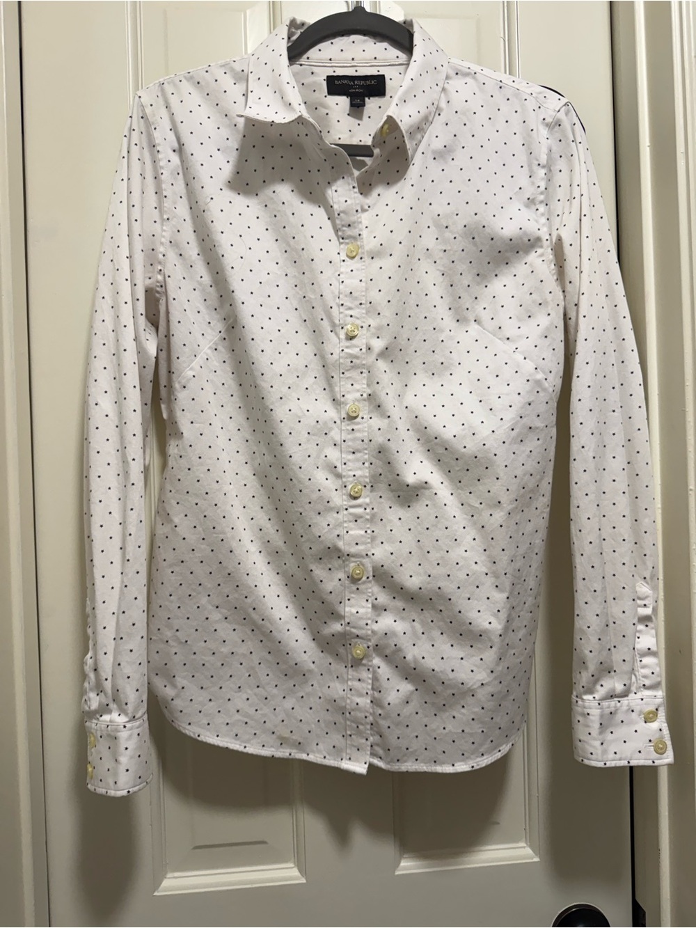 Banana Republic White Button-Up Blouse with Tiny Black Dot Print